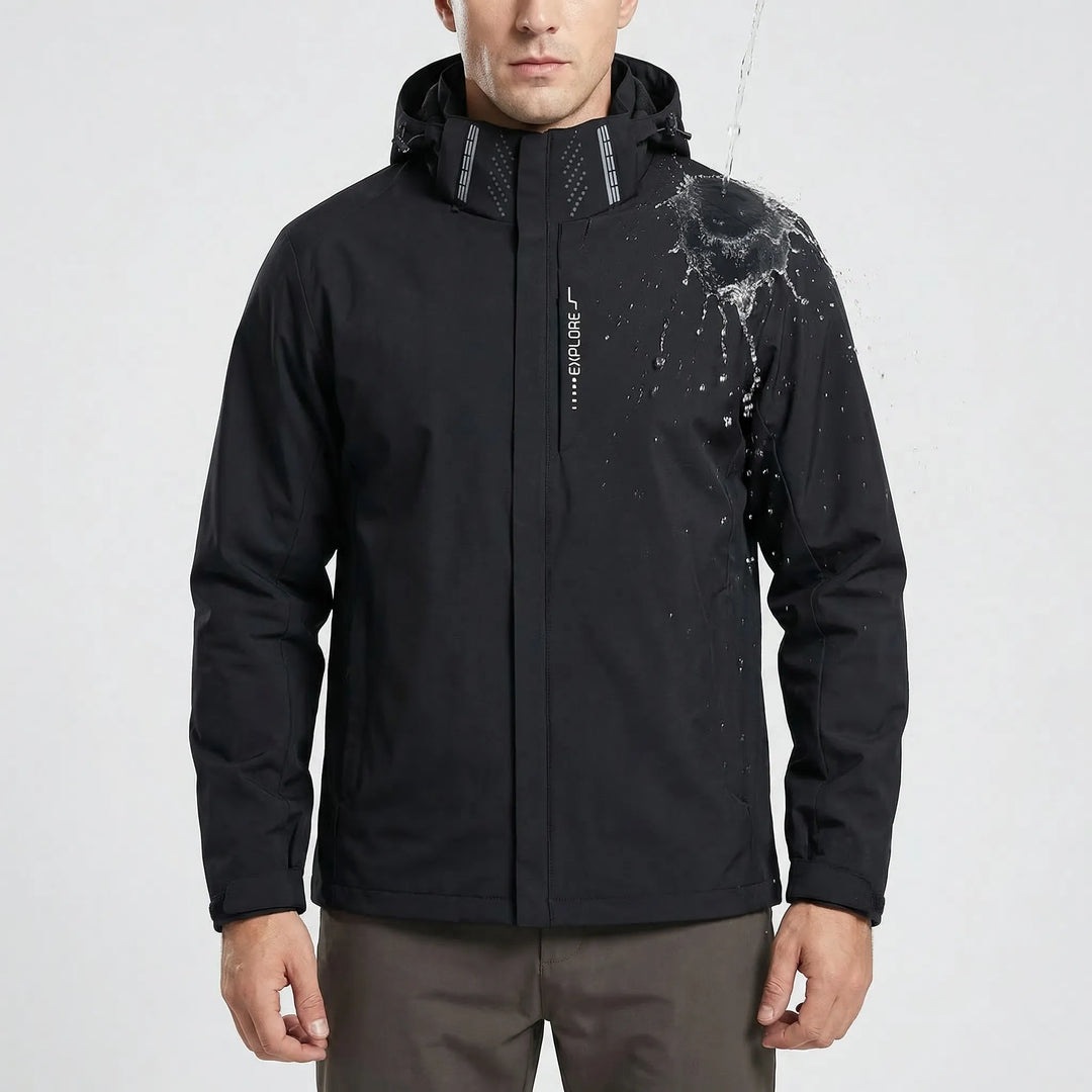 Men's packable hiking windbreaker jacket with hood, lightweight & water repellent, ideal for spring/fall activewear.