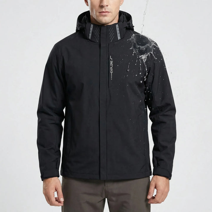 Men's packable hiking windbreaker jacket with hood, lightweight & water repellent, ideal for spring/fall activewear.