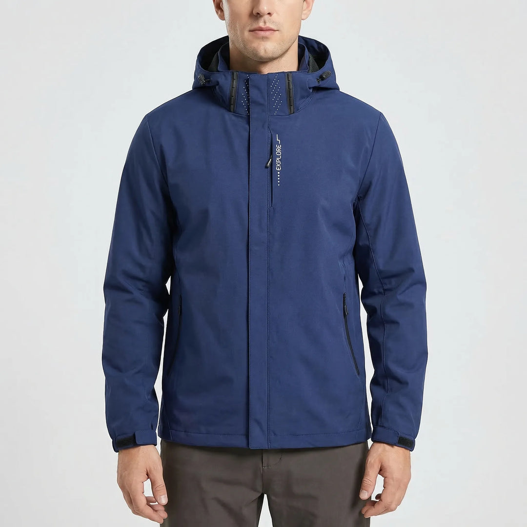 Men's activewear windbreaker jacket, hooded, lightweight & water repellent, packable for hiking & outdoor sports.