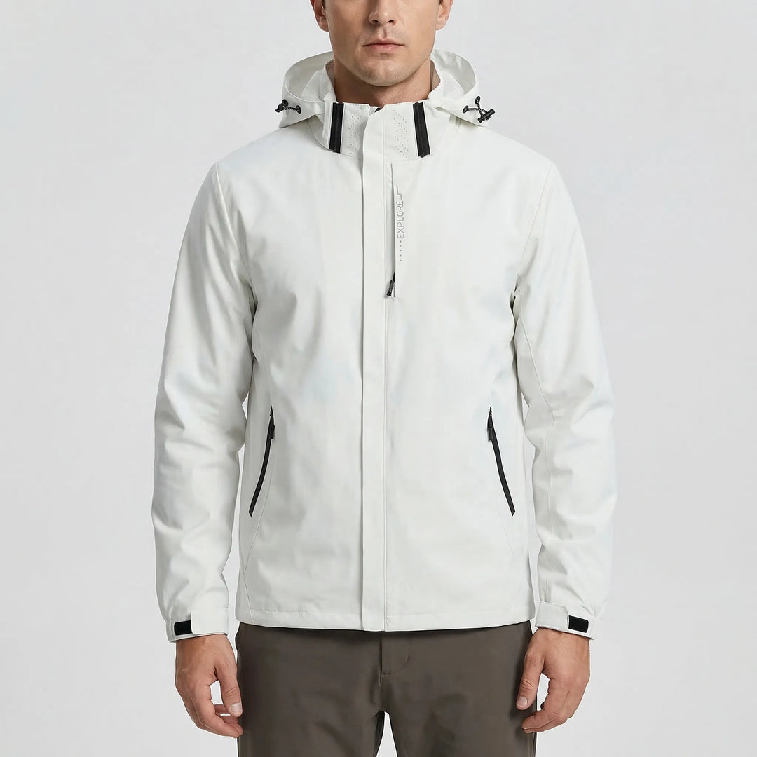 Men's lightweight packable hooded windbreaker jacket, water repellent, full zip for spring & fall outdoor activities.