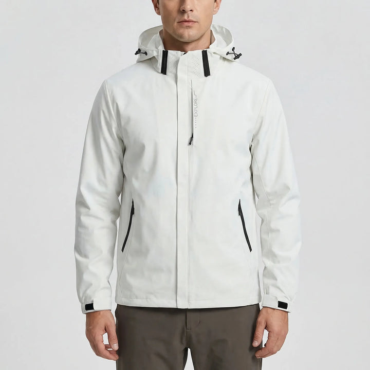 Men's lightweight packable hooded windbreaker jacket, water repellent, full zip for spring & fall outdoor activities.