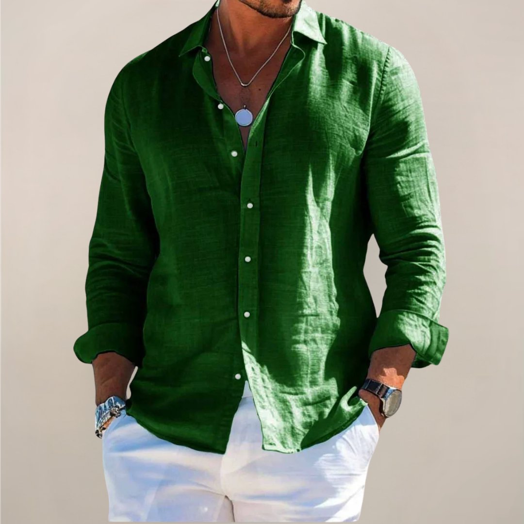 Men's relaxed fit long sleeve button-up apparel for versatile, lightweight, everyday spring/summer style.