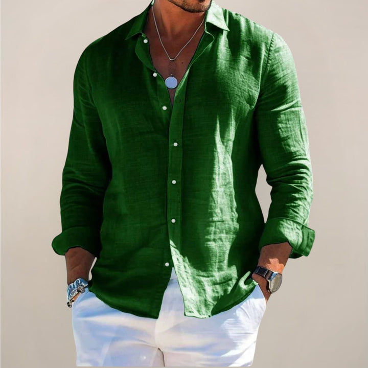 Men's relaxed fit long sleeve button-up apparel for versatile, lightweight, everyday spring/summer style.