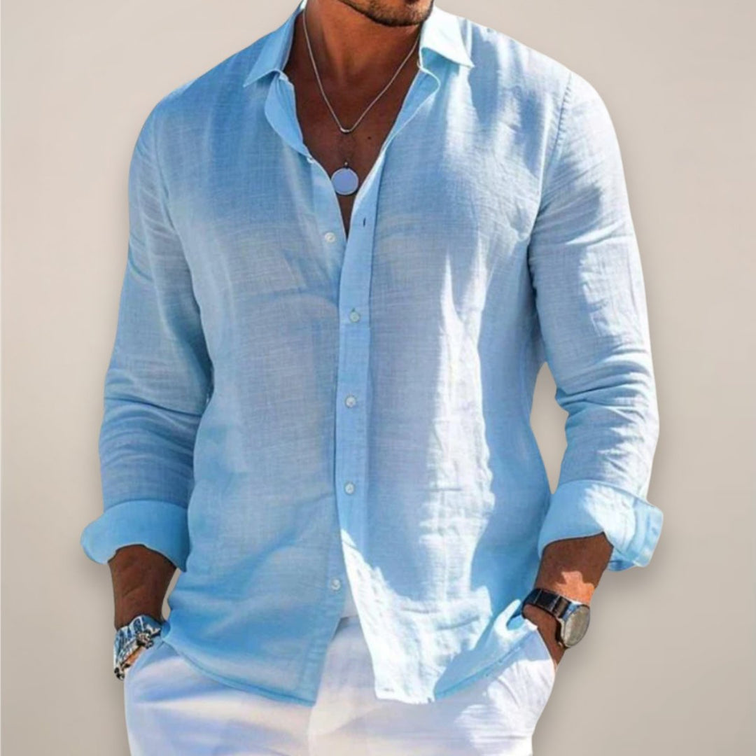 Versatile men's long sleeve button-up shirt for casual, semi-formal, & everyday style; perfect for spring/summer.