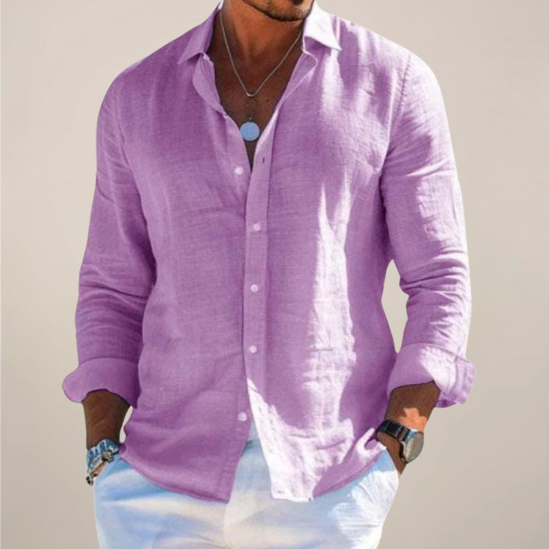 Effortless men's lightweight relaxed button-up shirt, a versatile long sleeve top for spring & summer fashion.