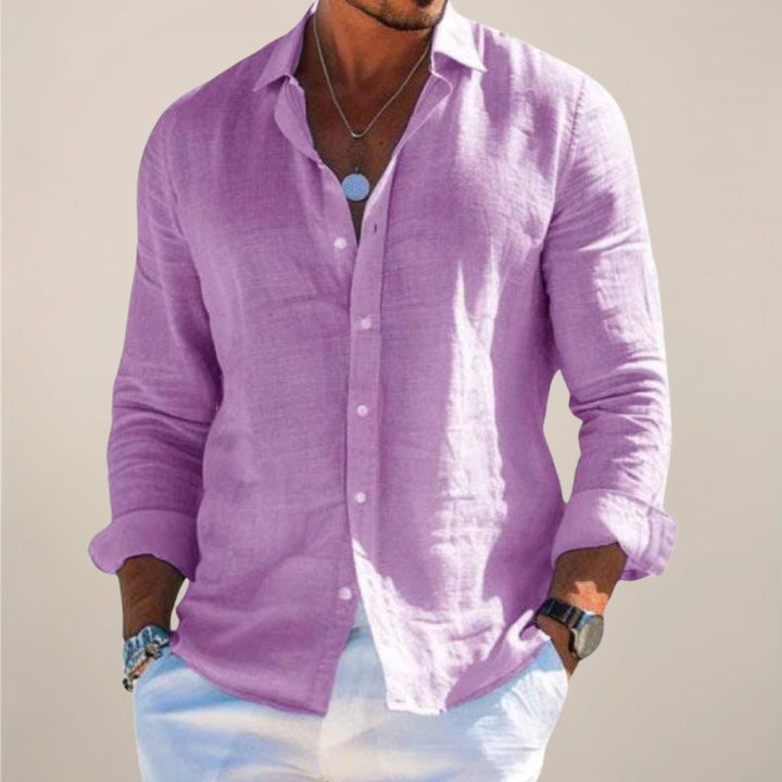 Effortless men's lightweight relaxed button-up shirt, a versatile long sleeve top for spring & summer fashion.