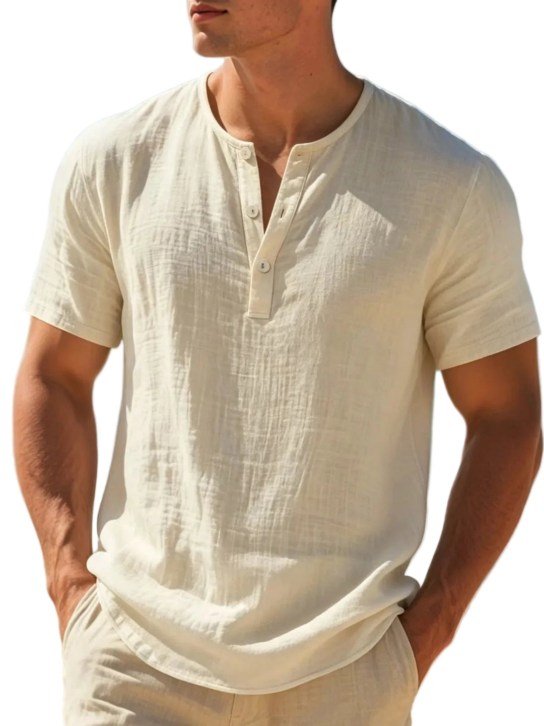 Versatile men's Henley shirt with button placket, perfect for summer casual wear & beach.
