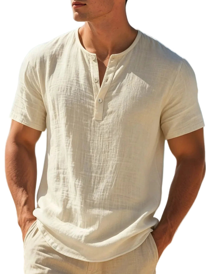 Versatile men's Henley shirt with button placket, perfect for summer casual wear & beach.