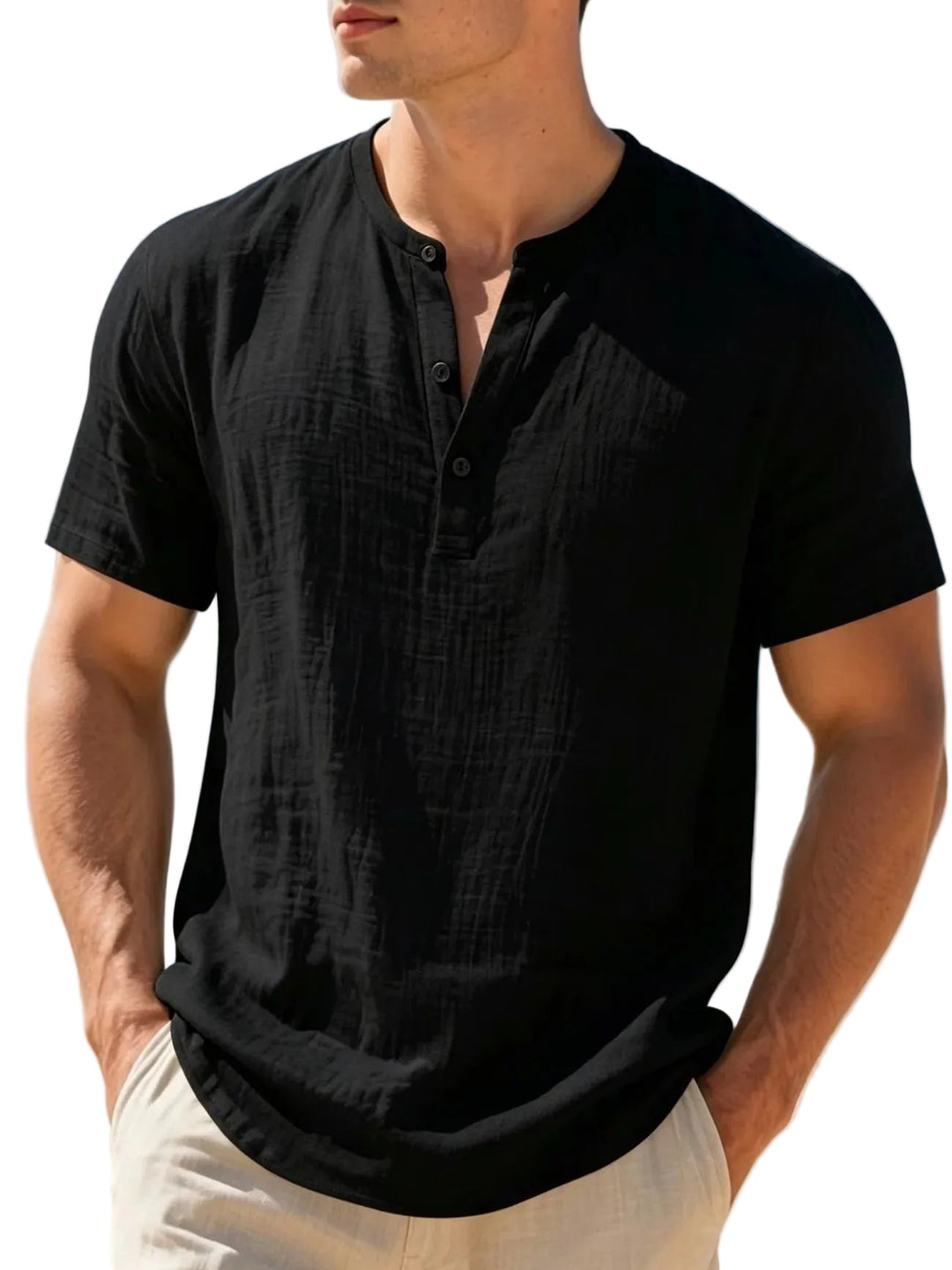 Soft men's casual Henley shirt with a buttoned placket, offering everyday comfort.