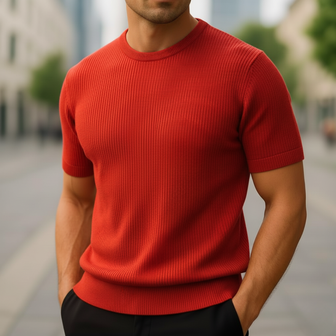 Quality men's lightweight short sleeve knit sweater. Features a slim fit and crew neck for modern comfort.