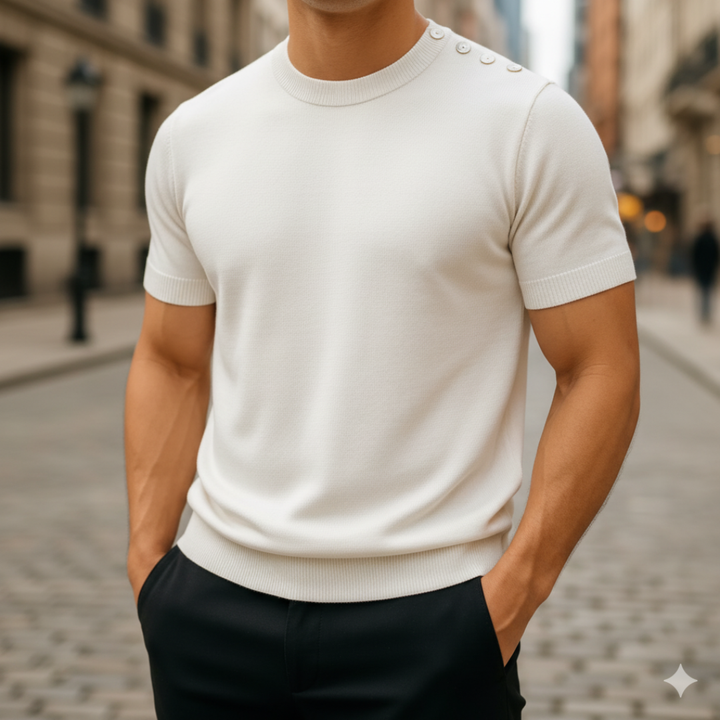 Men's casual short sleeve knit sweater, designed for comfortable everyday wear. A spring/summer essential.