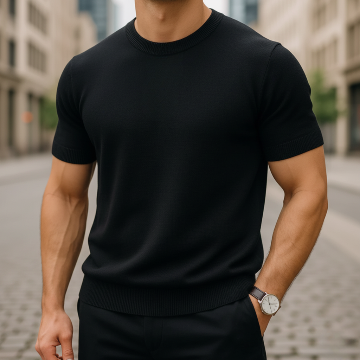 Stylish men's lightweight short sleeve knit top. Essential for modern men's fashion during spring and summer.