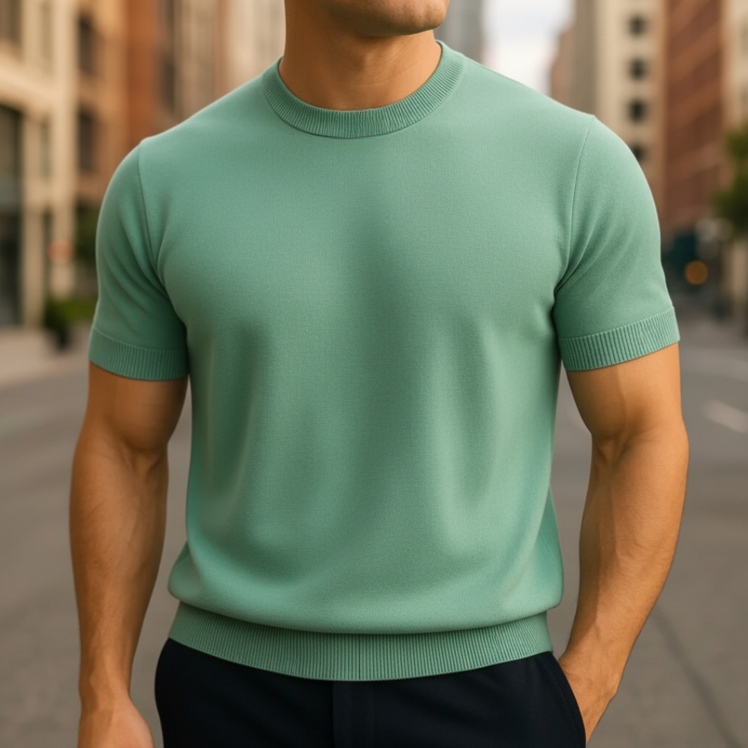 Soft, comfortable men's knit sweater with short sleeves. Lightweight and breathable for warm weather casual style.