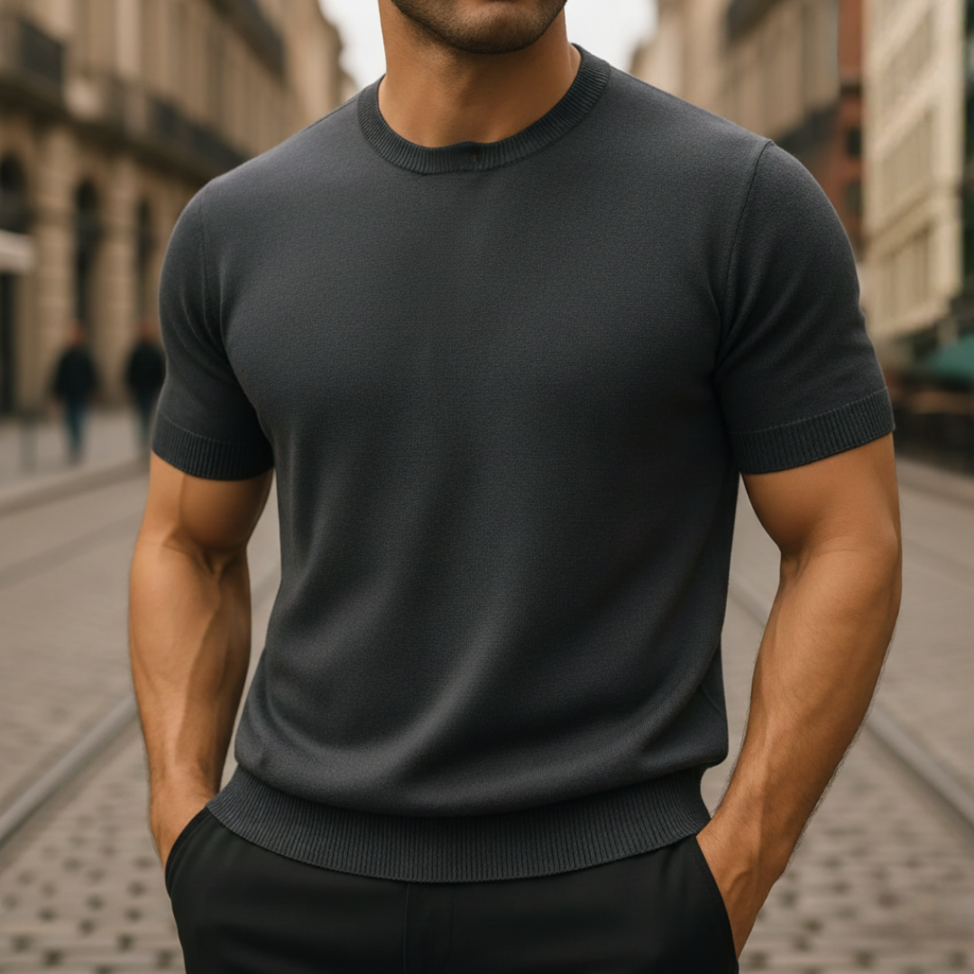 Simple, elegant men's short sleeve knit sweater. A versatile, lightweight top for easy spring and summer outfits.