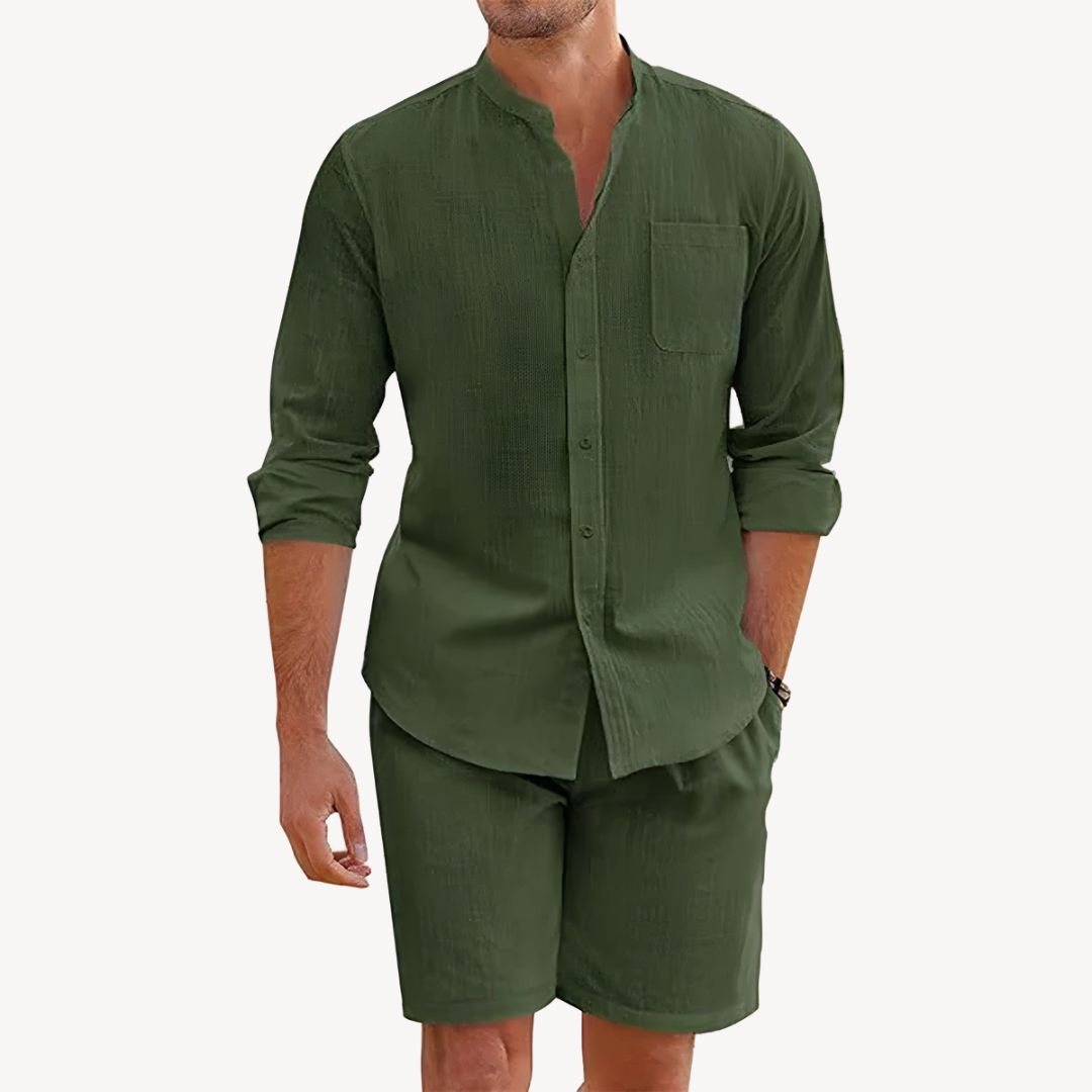 Men's casual beachwear set: lightweight button-up shirt & matching drawstring shorts, ideal for vacation.