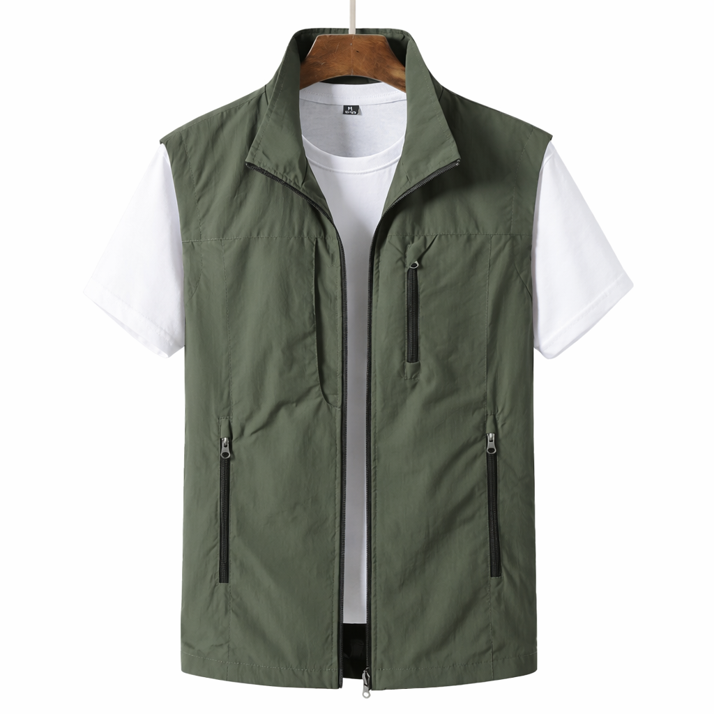 Men's lightweight summer vest with multiple pockets, ideal for casual wear or travel. Utility sleeveless jacket.