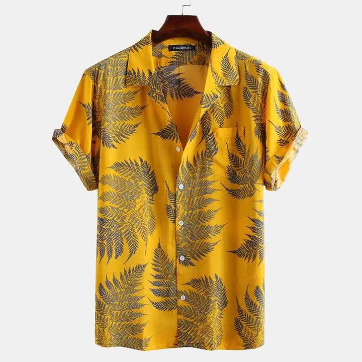 Men's lightweight tropical button-up shirt with vibrant print, perfect for summer beach wear or vacation.