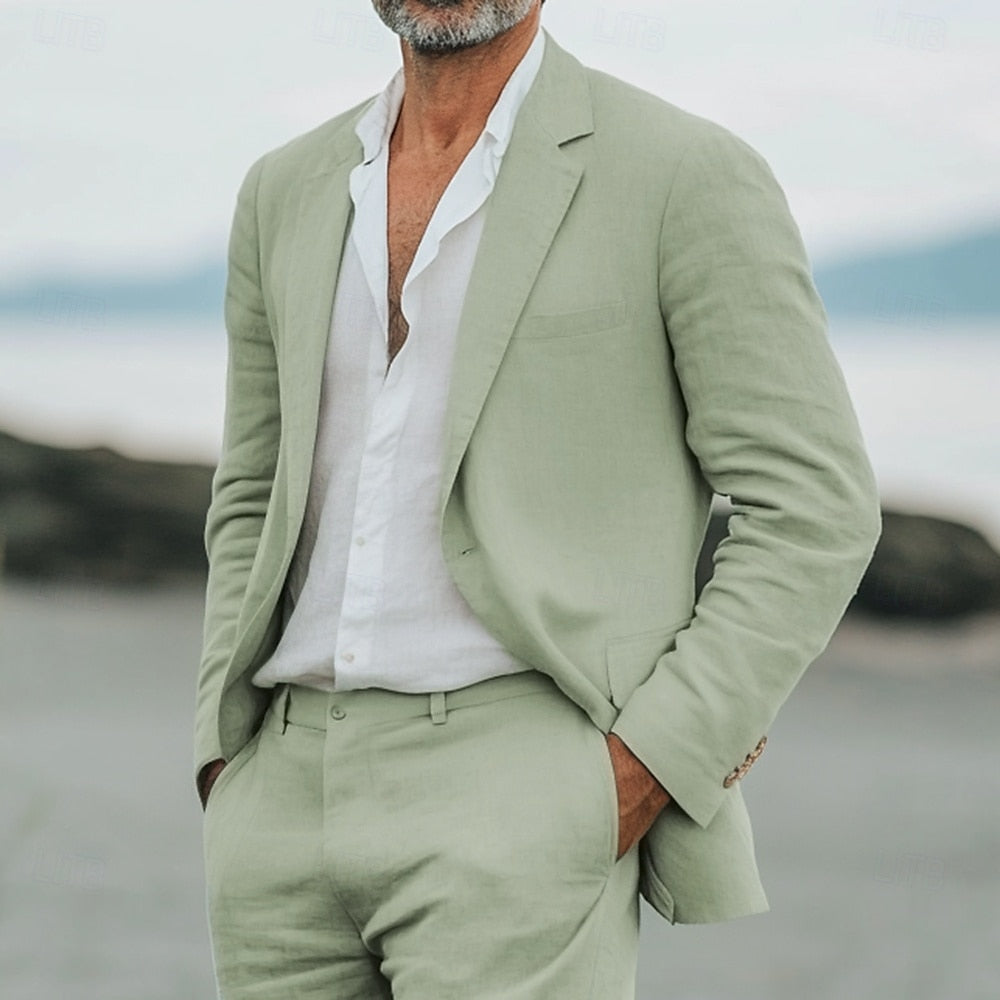 Men's lightweight two-piece summer suit set, perfect for warm weather events & casual chic style.