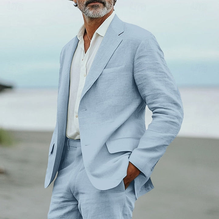 Stylish men's lightweight summer suit with breathable blazer & trousers, ideal for formal or casual wear.