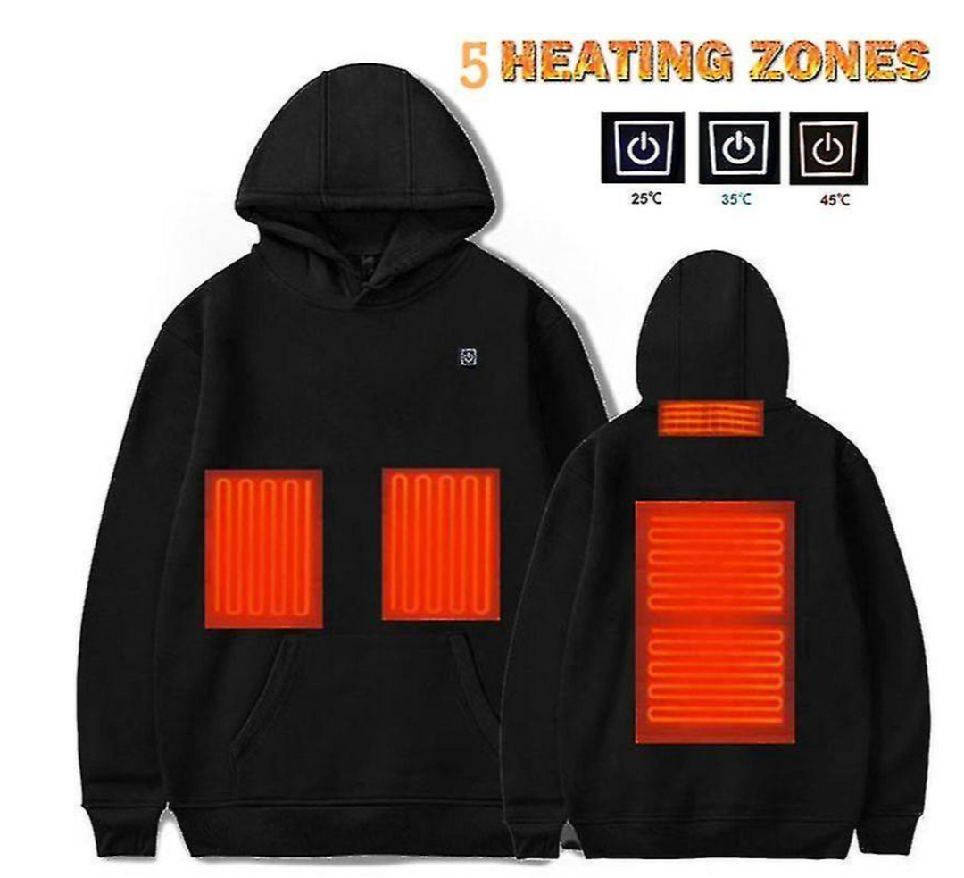 USB powered electric heated men's hoodie, offering thermal comfort for cold weather & casual wear.