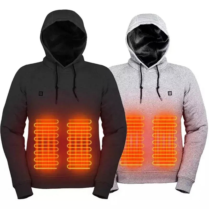 Durable men's heated hoodie with USB electric warmth. Perfect casual jacket & thermal layer for winter adventures.