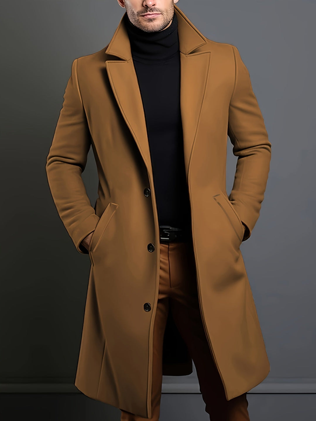 Men's long single-breasted lapel overcoat in classic dark blue, perfect for winter formal wear.