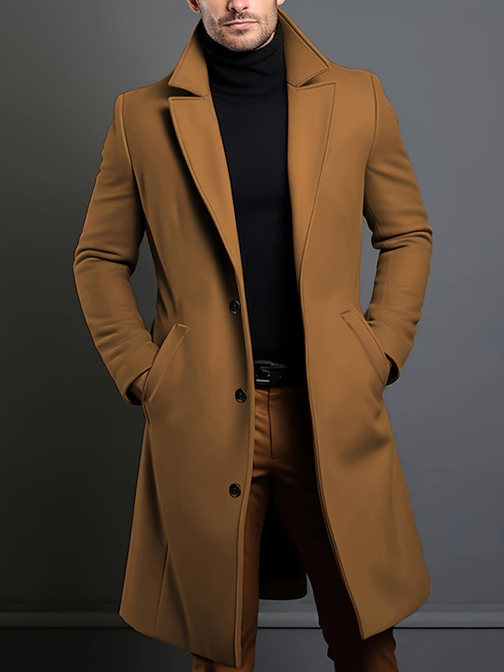 Gray men's single-breasted long coat, modern lapel design, ideal for formal and business casual.