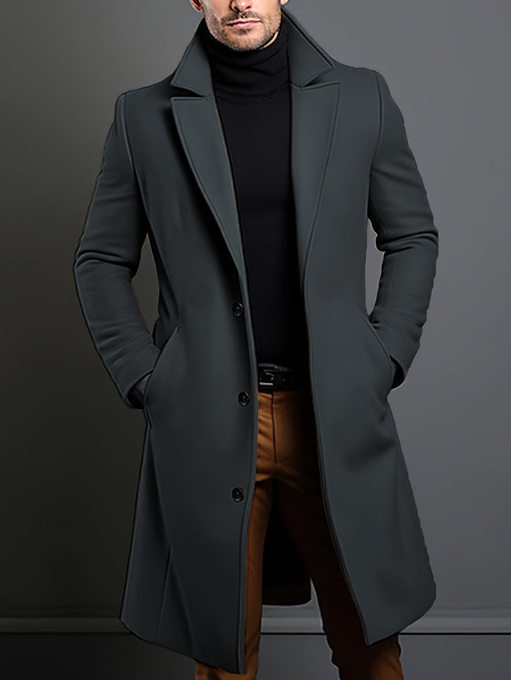 Men's long single-breasted overcoat in various colors, a key piece for fall and winter fashion.