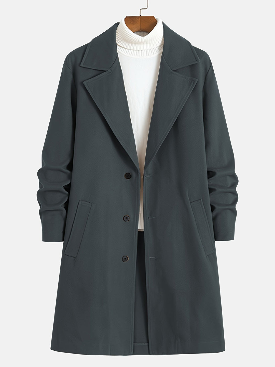 Classic men's long overcoat with lapels, single-breasted cut, perfect fall jacket & winter outerwear.