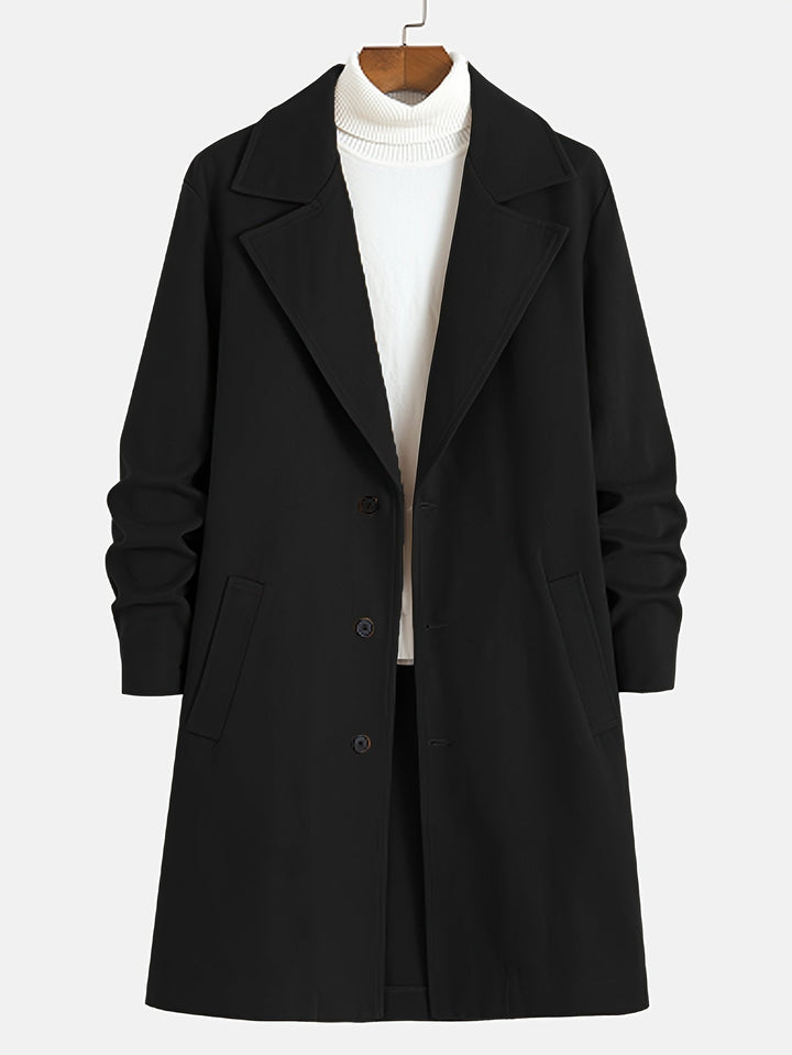 Formal men's dark blue overcoat, single-breasted, providing a sleek look for business occasions.