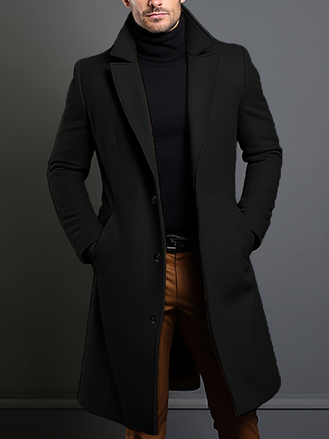 Brown long overcoat for men, single-breasted & lapel style, a sophisticated addition to outerwear.
