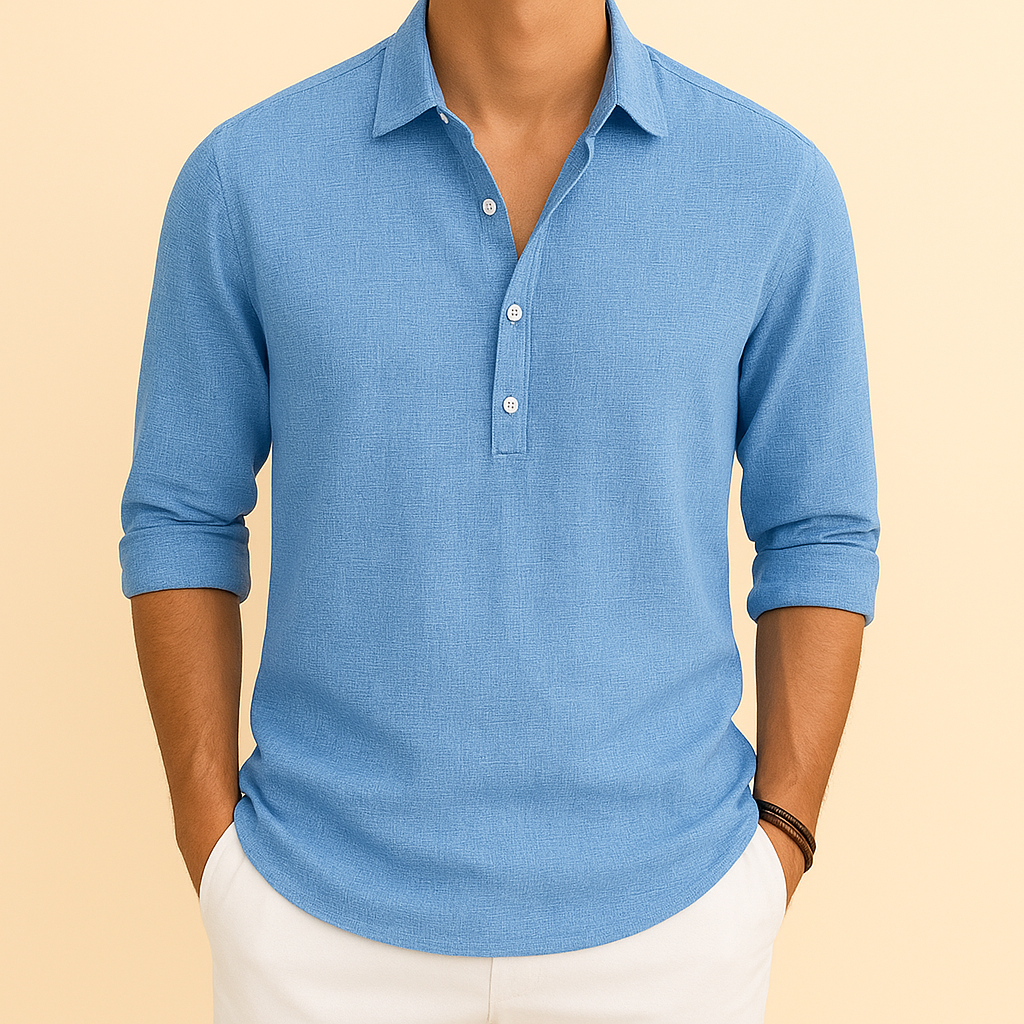 Men's long sleeve button neck polo shirt. Relaxed fit, casual yet refined for everyday wear.