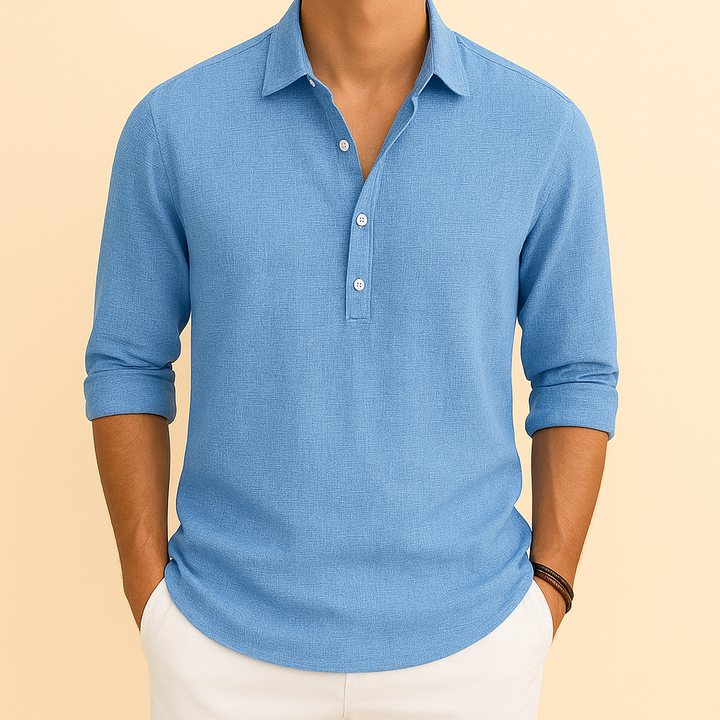 Men's long sleeve button neck polo shirt. Relaxed fit, casual yet refined for everyday wear.