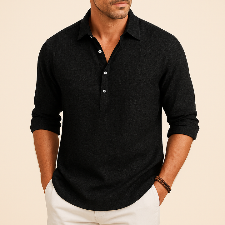 Stylish men's long sleeve polo with sophisticated button neck. Versatile comfort for transitional seasons.