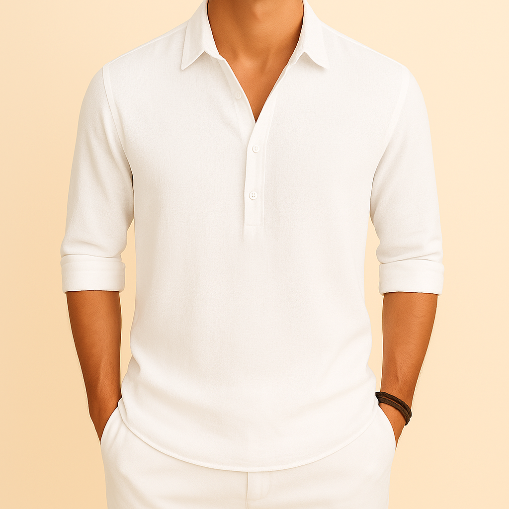 Soft-touch men's long sleeve button neck polo shirt. Refined casual top for versatile men's fashion.