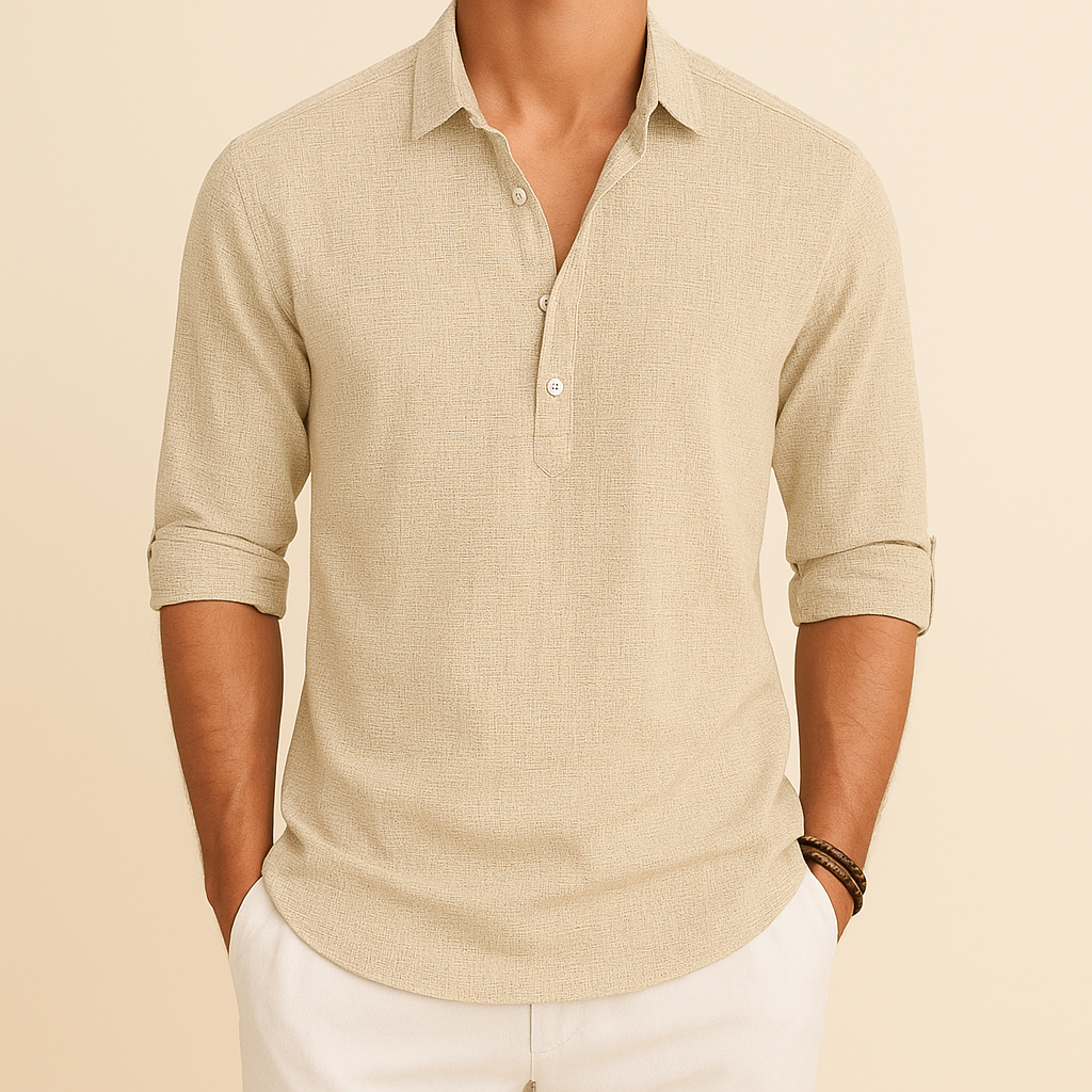 Men's casual long sleeve polo with button neck. Versatile top for relaxed everyday or smart casual looks.