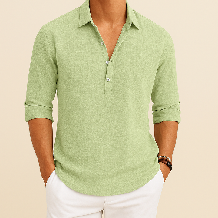 Men's long sleeve button neck polo. Versatile top for transitional wear, casual comfort, refined style.