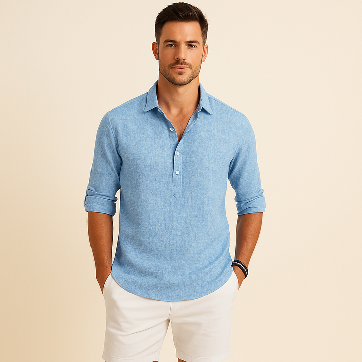 Classic men's long sleeve button neck polo shirt. A refined casual top, perfect for versatile everyday style.