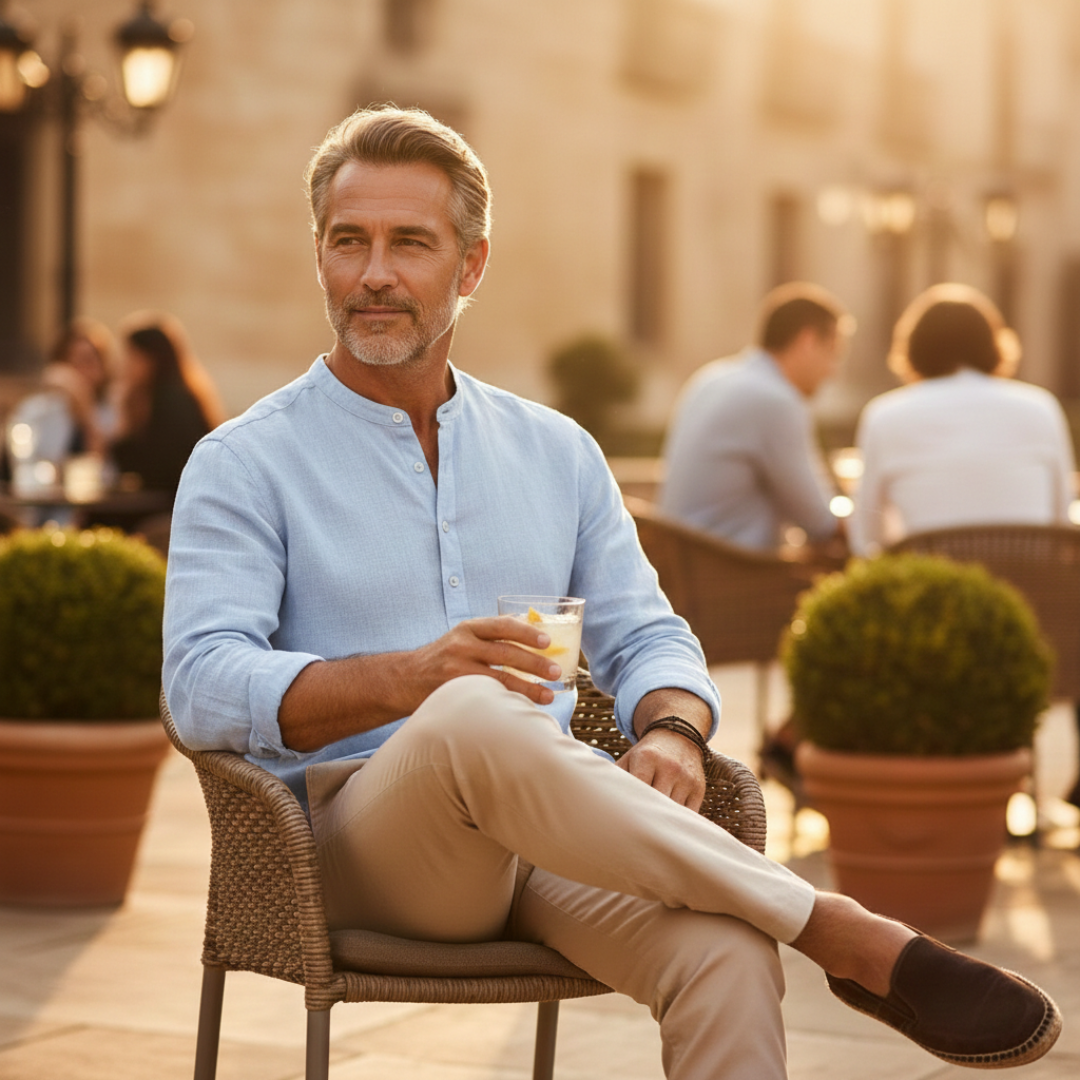 Soft men's long sleeve henley shirt with a button placket, offering casual comfort for spring & summer.