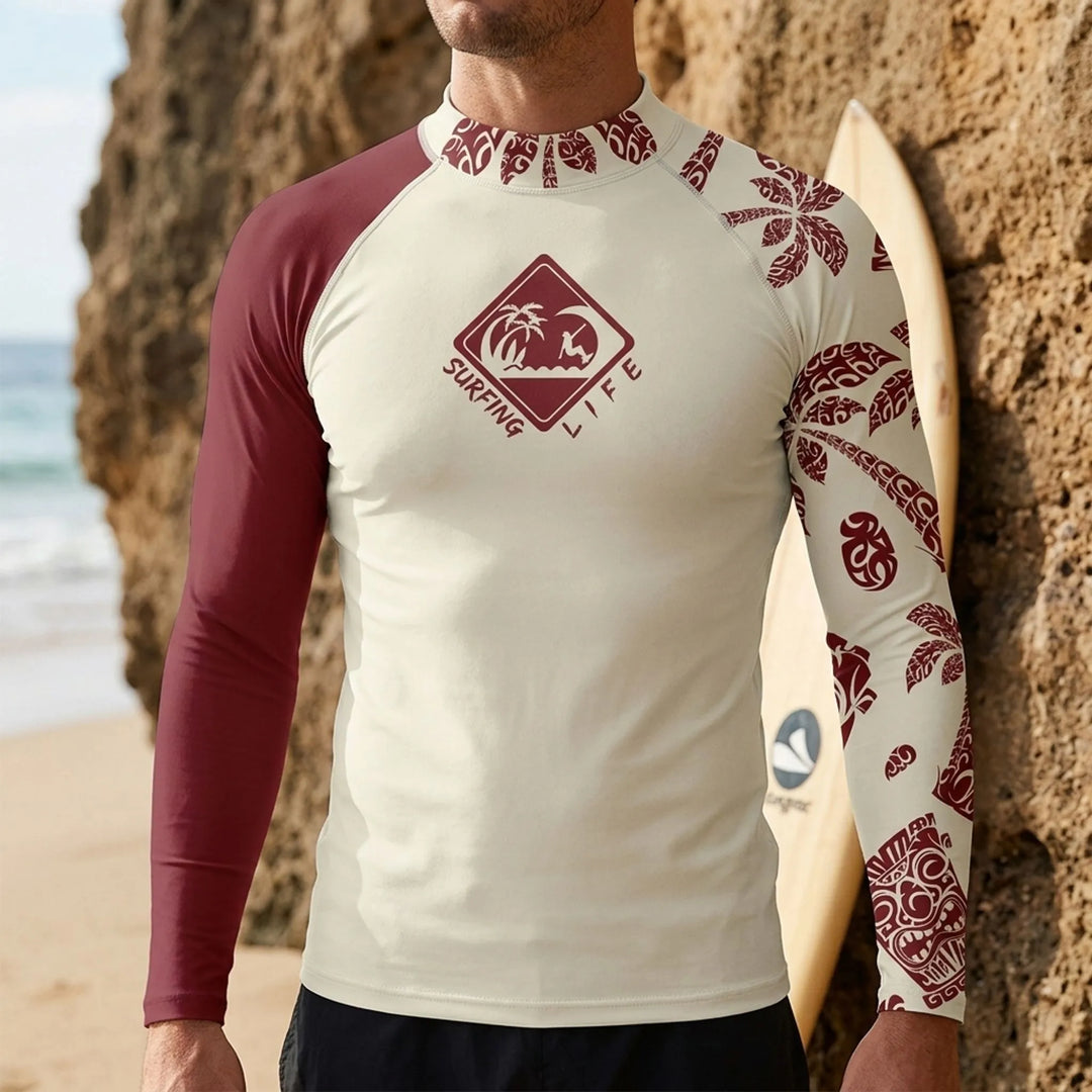 Men's long sleeve rash guard for water sports. UPF 50+ sun protection, snug fit athletic top.