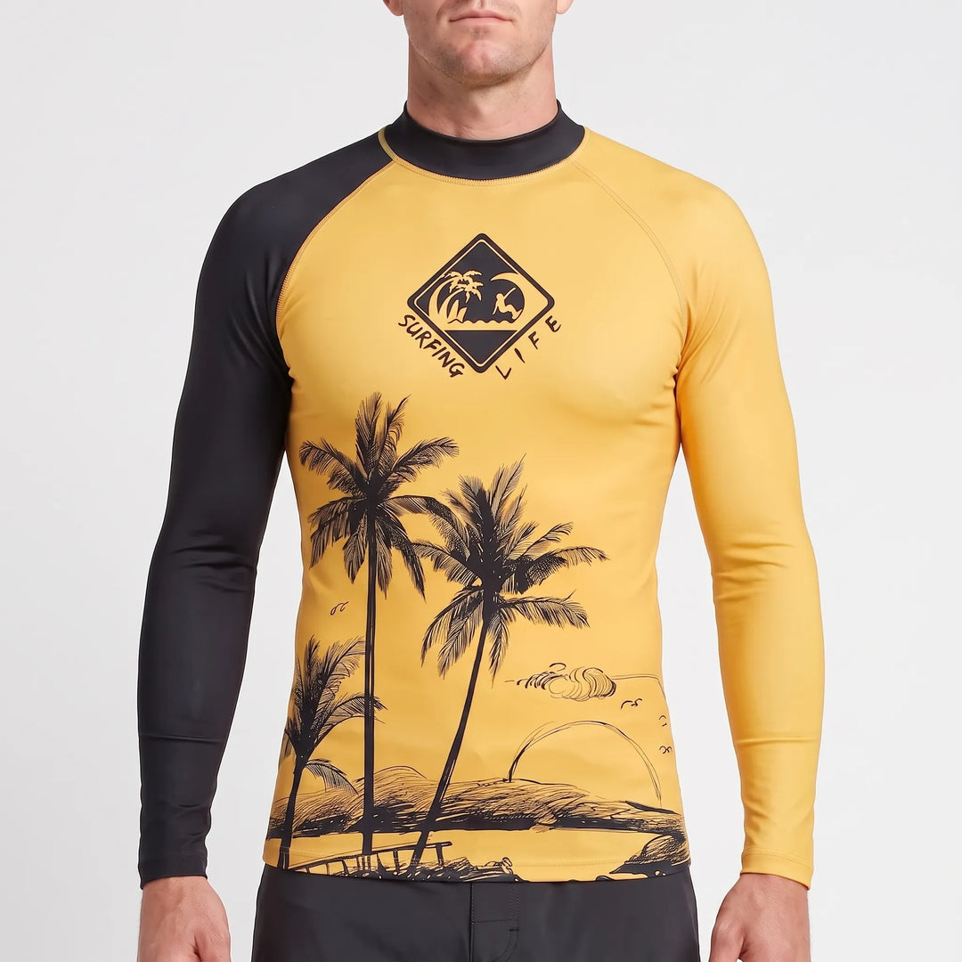 High-performance men's long sleeve rash guard. Sun protective UPF 50+ swimwear for water sports.