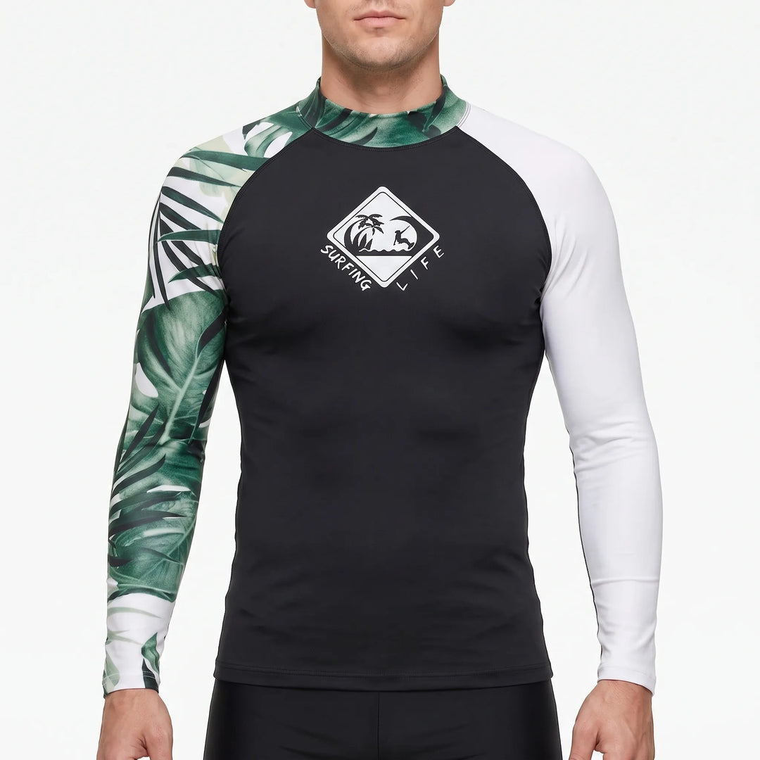 Durable men's long sleeve rash guard, perfect for outdoor water sports, surfing, and UPF 50+ protection.