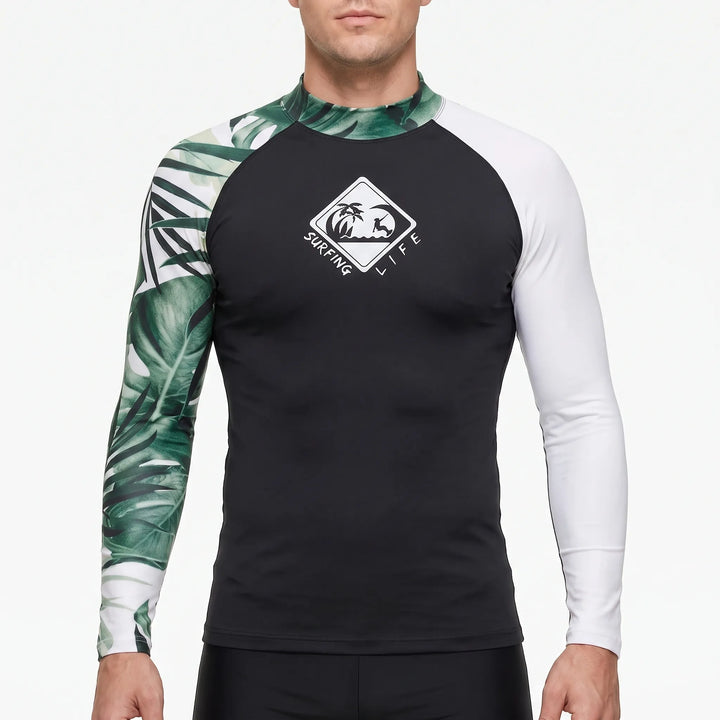 Durable men's long sleeve rash guard, perfect for outdoor water sports, surfing, and UPF 50+ protection.