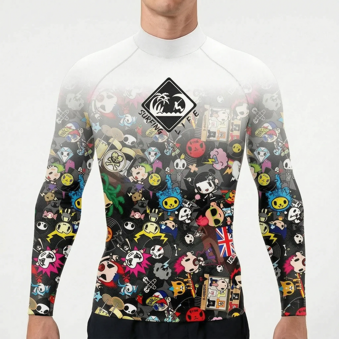 Men's long sleeve rash guard with mock neck & snug fit. Excellent UPF 50+ sun protection for water sports.