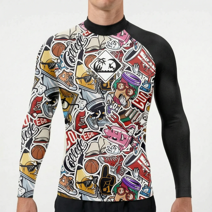 Flexible men's long sleeve rash guard. Essential swimwear for surfing, swimming, and UPF 50+ sun protection.