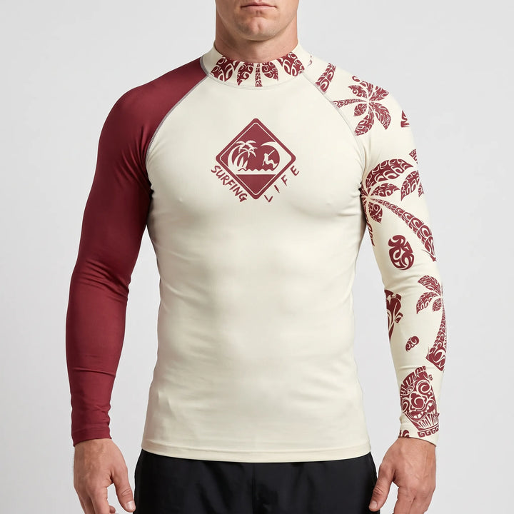 Blue men's long sleeve rash guard. Ideal for surfing, swimming, and water sports. UPF 50+ sun protection.