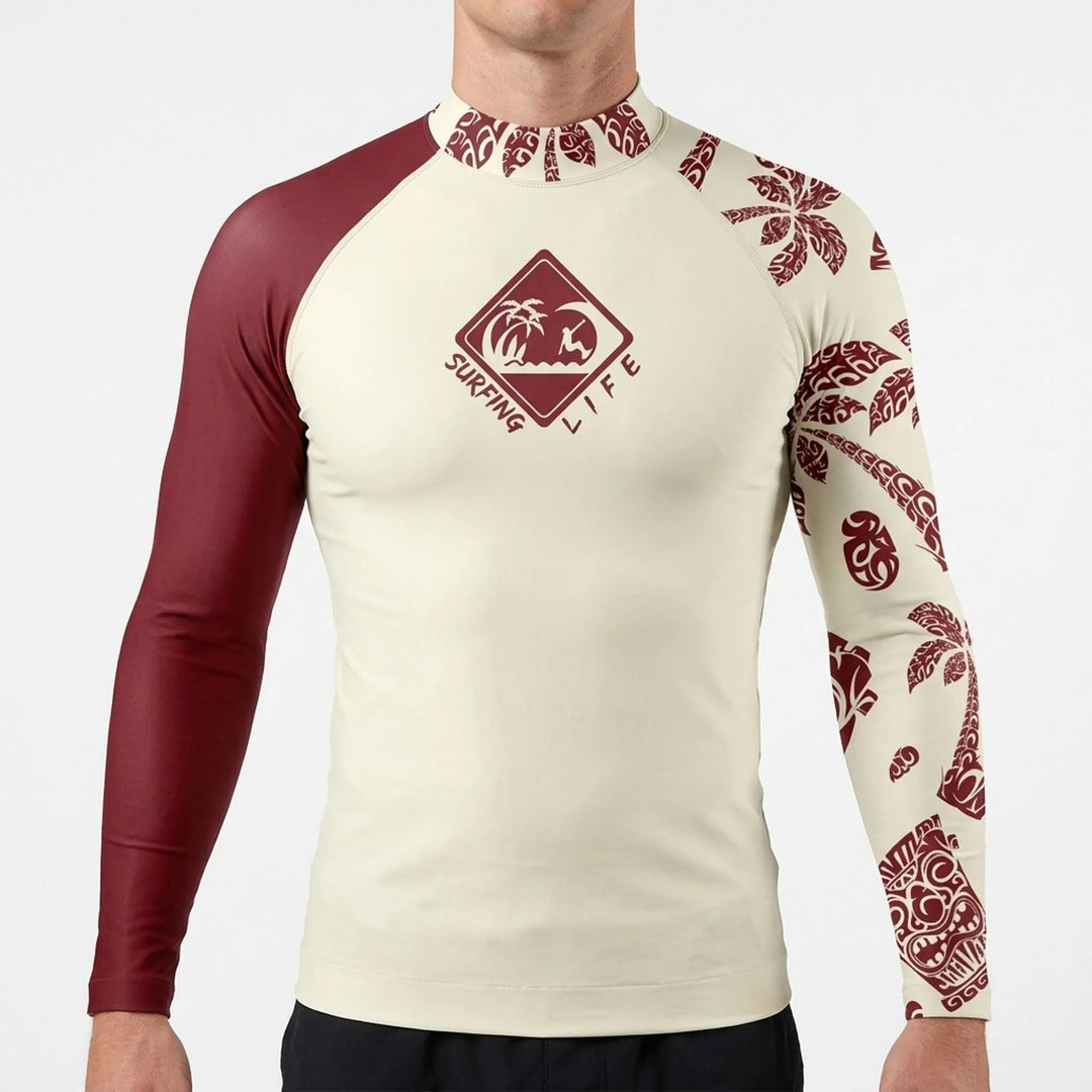 Men's mock neck long sleeve rash guard. Snug fit swimwear, perfect for water sports & sun protection.