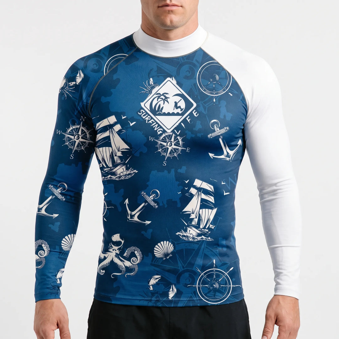 Close-up of men's long sleeve rash guard showing mock neck & flexible fabric. Ideal for water sports.