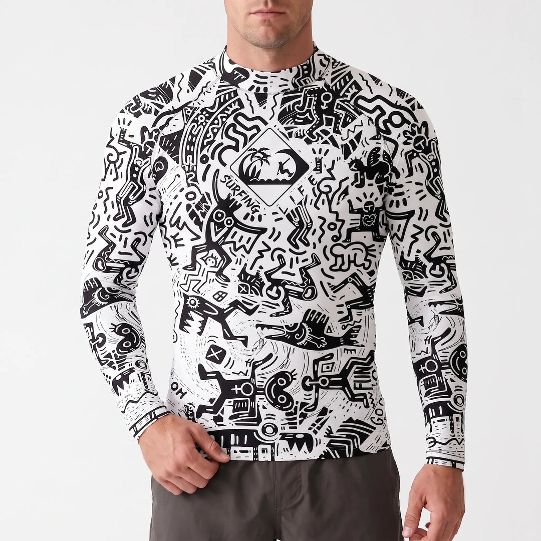 Man wearing long sleeve rash guard, surfing. UPF 50+ sun protection for active water sports.
