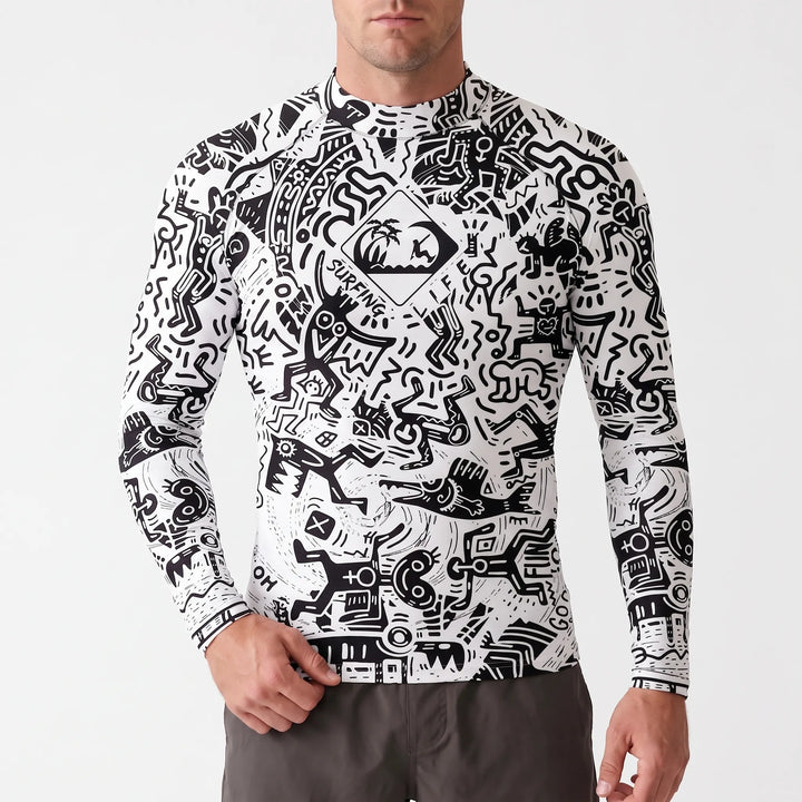Man wearing long sleeve rash guard, surfing. UPF 50+ sun protection for active water sports.